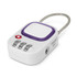 A white TSA lock with a purple accent and a metal cable, featuring a three-digit combination dial.