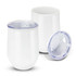 A drink bottle in white with a clear lid, featuring a sleek, modern design. One bottle is upright, and the other is laid down.