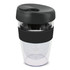 A drink bottle featuring a transparent body and a black lid and band, holding 330ml. It has a logo.