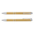 A bamboo pen in a natural finish with silver accents, featuring a sleek design and a clip. Includes a logo.