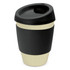 A drink bottle made from bamboo, featuring a black lid and a two-tone design of black and cream. It has a logo.