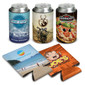A drink bottle wrapped in colourful designs, featuring branding and three beverage can coolers in various patterns.
