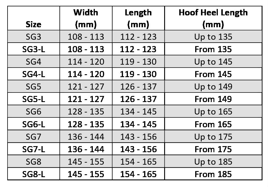 Evo Hoof Boot Size Chart