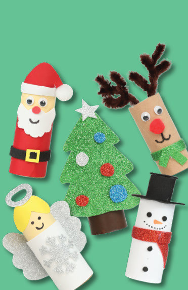 Cardboard tube characters: Santa, a reindeer, an angel, a snowman and a glitter Christmas tree