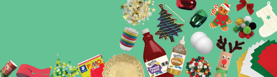 Christmas craft supplies including red poster paint, glitter, foam balls, a gingerbread ornament and a reindeer craft
