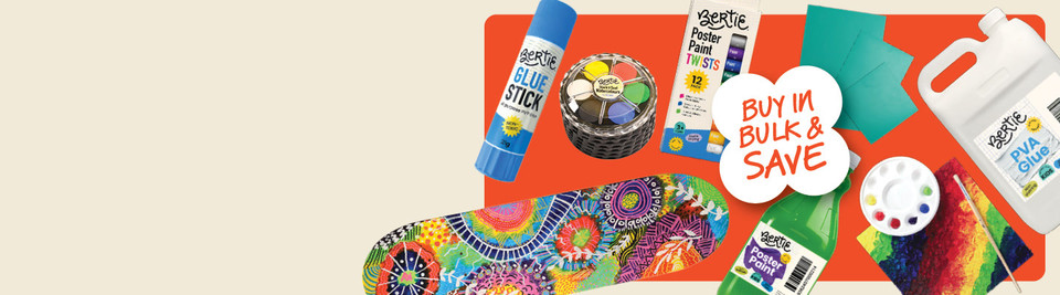 Glue sticks, poster paint, a watercolour set, PVA glue and a tie-dye painted skateboard, with a "Buy in bulk & save" badge