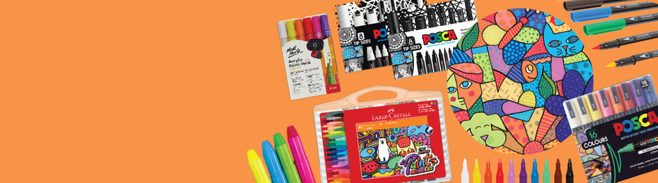 Posca and Faber-Castell paint markers alongside colourful patterned artwork drawn with them
