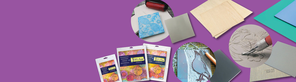Lino blocks, gel printing plates, a brayer roller and a lino carving tool with printed artwork