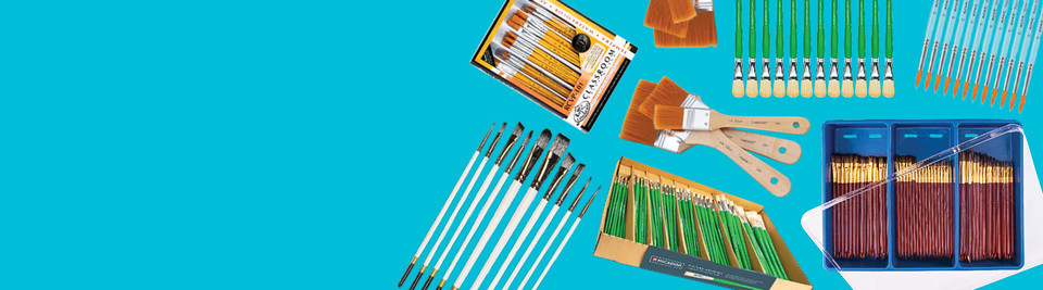 Synthetic paintbrush sets in a range of sizes, from fine tips to wide flat brushes, in classroom packs