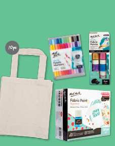 Calico shopping bag decorating kit – a natural canvas tote bag alongside Mont Marte fabric markers and fabric paint sets on a green background