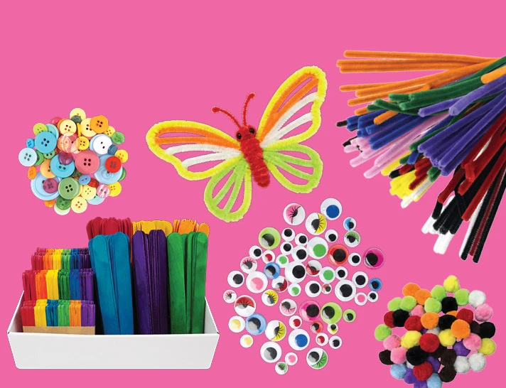 Assorted craft supplies including buttons, googly eyes, pipe cleaners, craft sticks and pom poms