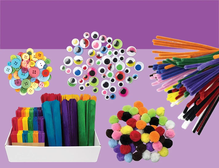 Assorted craft supplies including buttons, googly eyes, pipe cleaners, craft sticks and pom poms