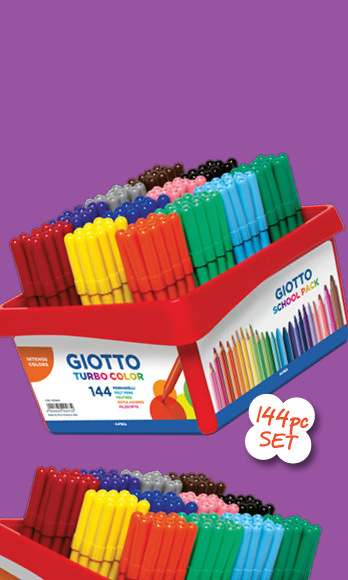 Giotto Turbo Color school pack of 144 fibre-tip markers in assorted colours, displayed in a red plastic storage tub