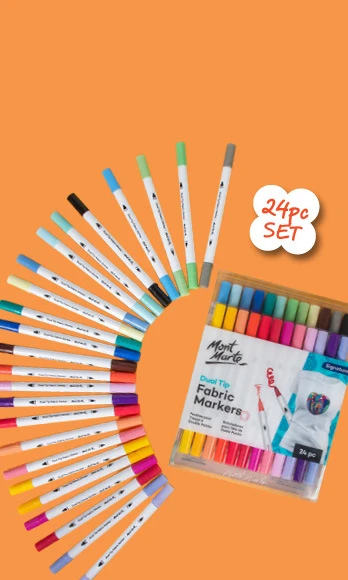 Mont Marte 24pc dual tip fabric markers - permanent textile pens for fabric decorating