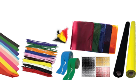 Bulk craft paper supplies - coloured card, cellophane, pipe cleaners, streamers and mesh for school projects