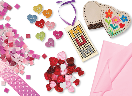 Get crafty for Mother's Day – shop the Mother's Day range, featuring heart shapes, mosaic tiles, ribbons and craft supplies on a pink background