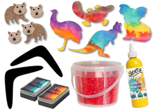 Australian-themed craft supplies including animal cut-outs, beads, watercolour paints and liquid watercolour