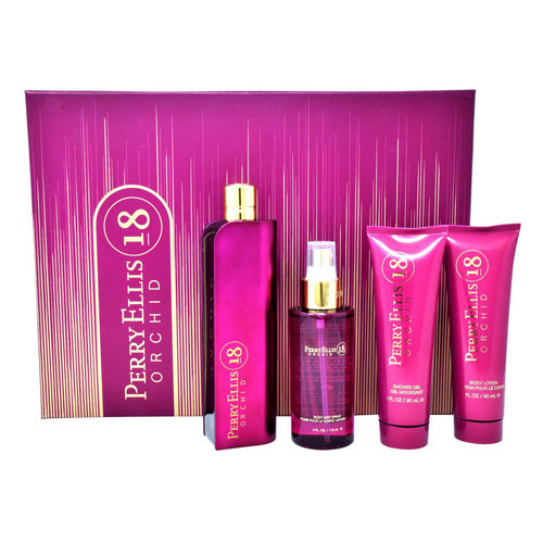 SET PERRY ELLIS 18 ORCHID WOMEN ( 4 PC SET ) 3.4 OZ. EDP/ 4.0 OZ. BM/ 3.0 LOT/ 2.0 GEL / 844061011847