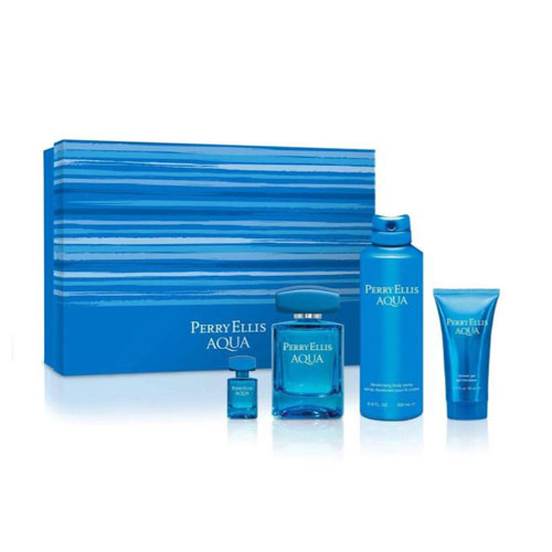 SET PERRY ELLIS AQUA 4 PC SET 3.4 OZ. EDT / 6.8 OZ. DEO / 1.7 OZ SG / 7.5 ML EDT / 844061015586