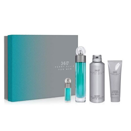SET PERRY ELLIS 360 MEN ( 4PCS SET ) TURQUOISE BOX 3.4 OZ EDT / 3.0 OZ SG /EUT 0.25 OZ MINI / 6.8 OZ. BODY (NEW UPC) / 844061012585