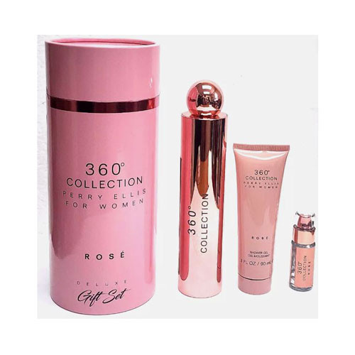 SET PERRY ELLIS 360 COLLECTION ROSE FOR WOMEN ( 3 PC ) 3.4 OZ EDP SP  / 3.0 OZ SG / 0.25 OZ EDP SP / 844061013667