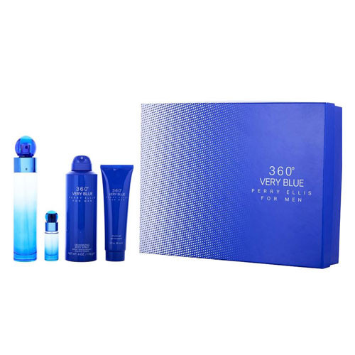 SET PERRY ELLIS 360 VERY BLUE MEN ( 4 PC ) 3.4 OZ EDT SP / BODY SPR 6.8 OZ /  SHOWER GEL 3.0 S/OZ / MINI / 844061016750