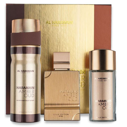 SET AL HARAMAIN AMBER OUD GOLD UNISEX ( 3 PC ) 2.5 OZ /1.0OZ EXTRAIT DE PARFUM/ 6.6 OZ BODY SP  / 6291106814330