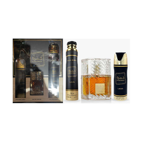SET LATTAFA  KHAMRAM  UNISEX ( 3 PC )3.4 OZ EDP / 6.7 OZ DEO / 10.10 OZ AIR FRESHENER / 6290362341239