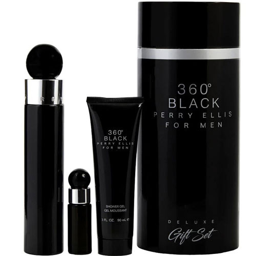 SET PERRY ELLIS 360 COLLECTION NOIR MEN  3.4 OZ EDT SP / 3.0 OZ  GEL / 0.25 OZ  MINI / 844061013674