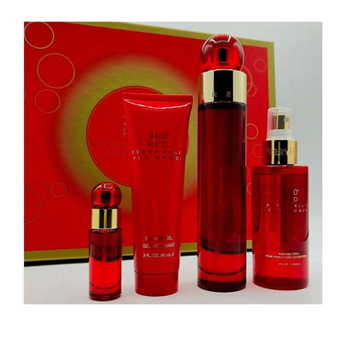 SET PERRY ELLIS 360 RED FOR WOMEN  ( 4 PC ) 3.4 OZ EDT,3.0 OZ SG/4.0 OZ BM /0.25 OZ EDT MINI / 844061016774