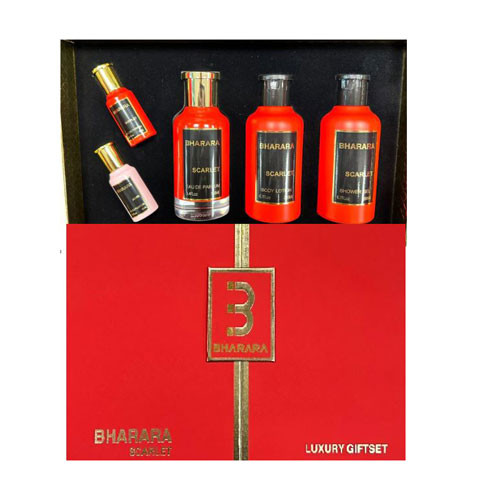 SET BHARARA SCARLET WOMEN ( 5 PC ) 3.4 OZ EDP SP / 6.7 OZ BL / 6.7 OZ SG /0.34 OZ EDP X 2 / 850050062561