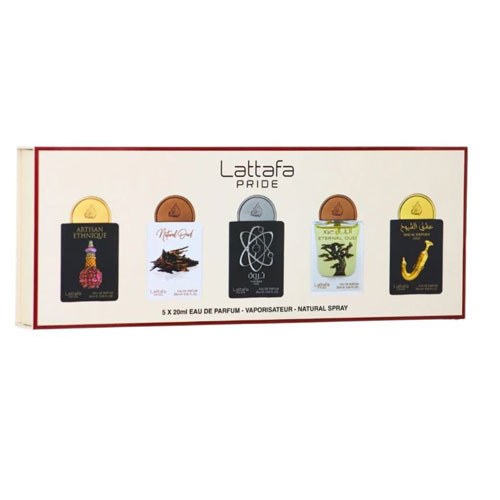 SET LATTAFA PRIDE X0.67 OZ ( 5 PC ) ARTISAN ETHNIQUE/ NATURAL OUD / THARWAH SILVER / ETERNAL OUD / SHUYUKH GOLD / 6290362348078