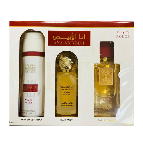 SET LATTAFA ANA ABIYEDH ROUGE UNISEX ( 3 PC ) 3.4 OZ EDP / 6.7 OZ DEO / 1.7 OZ  HAIRMIST / 6290362340270
