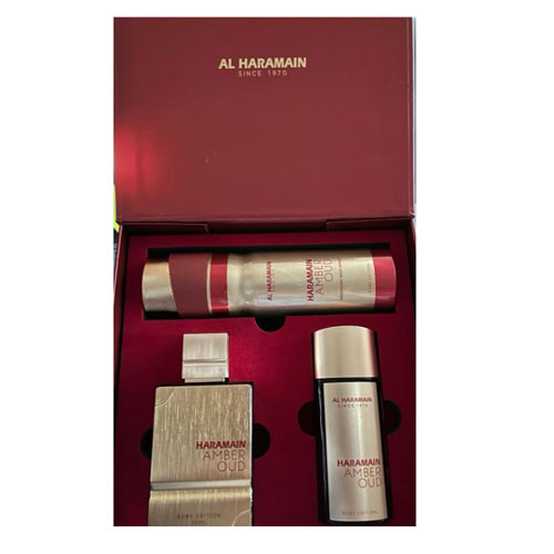 SET AL HARAMAIN AMBER OUD RUBY UNISEX ( 3 PC ) 2.5 OZ /1.0OZ EXTRAIT DE PARFUM/ 6.6 OZ BODY SP  / 6291106814323
