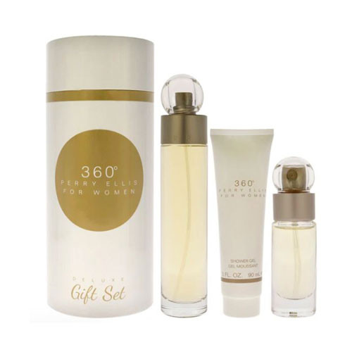 SET PERRY ELLIS 360 COLLECTION WOMEN  (3 PC ) 3.4 OZ EDT SP /  3.0 OZ  GEL  / MINI / 844061013643