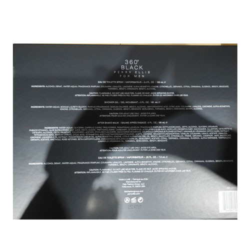 SET PERRY ELLIS 360 BLACK MEN ( 4 PC ) 3.4 OZ EDT / 3.0 OZ SG /3.0 OZ A/SH BALM / MINI / 844061008786