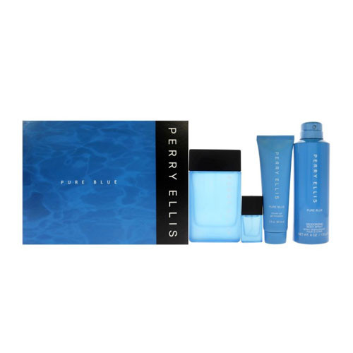 SET PERRY ELLIS PURE BLUE MEN (4PC) 3.4 OZ EDT SP / 3.0 OZ S/GEL /  6.0 OZ DEO + MINI / 844061016552