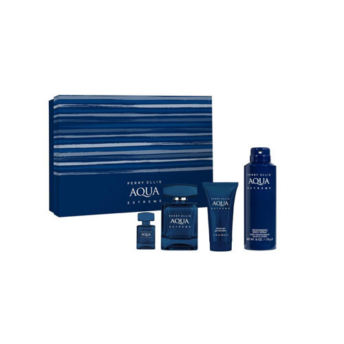 PERRY ELLIS AQUA EXTREME (4PC) 3.4 OZ EDT / 6.8 OZ DEO BODY SPRAY /1.7 OZ S/GEL + MINI / 844061015593