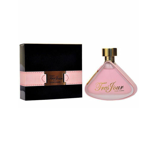 Perfumes Wholesale Armaf Tres Jour Women 3.4oz EDP perfume bottle and box, pink liquid, gold cap, 100ml.