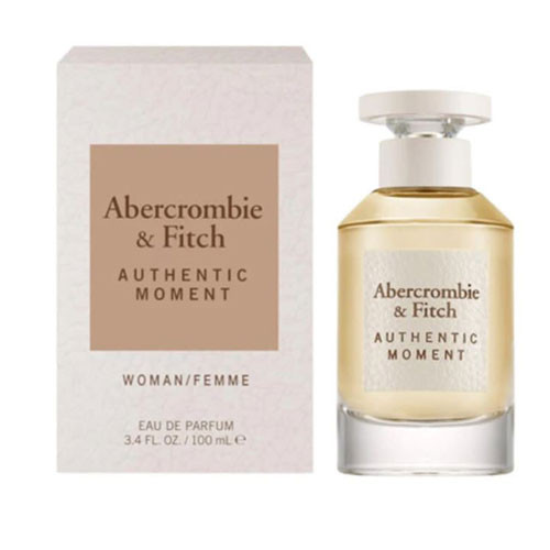 Perfumes Wholesale Abercrombie & Fitch Authentic Moment Women 3.4oz EDP perfume bottle and packaging, 100ml, beige.
