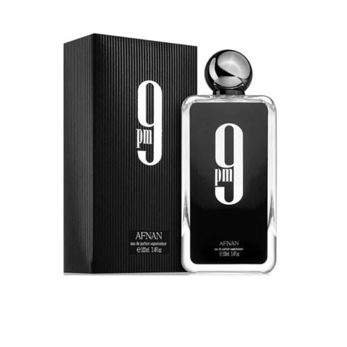 Perfumes Wholesale AFNAN 9PM MEN EDP 3.4 OZ 100ML perfume bottle and box, black color, silver accents.