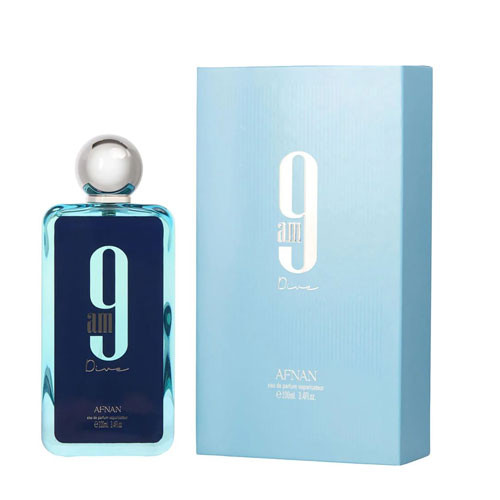 Perfumes Wholesale AFNAN 9AM DIVE unisex perfume bottle 100ml EDP with box, navy blue and light blue design.