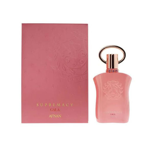 Perfumes Wholesale AFNAN Supremacy Gala Women 3.0 OZ EDP perfume bottle and pink box, 90ml, rose color.
