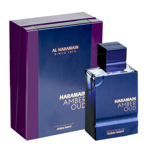 Perfumes Wholesale Al Haramain Amber Oud Night Dubai unisex perfume bottle and box, 3.4 oz, purple blue color.