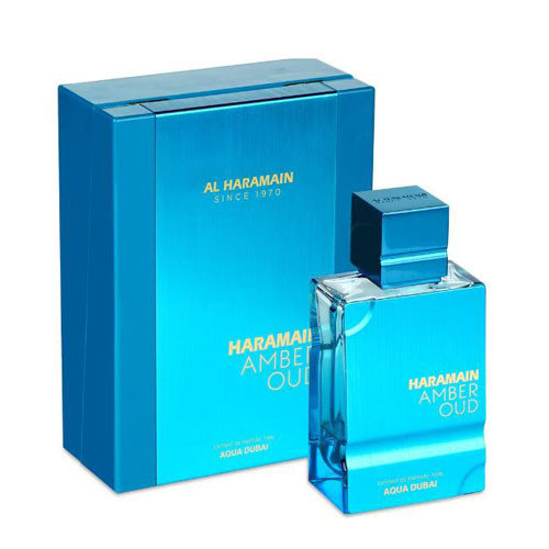 Perfumes Wholesale Al Haramain Amber Oud Aqua Dubai unisex 2.5 oz perfume bottle and box in blue color.