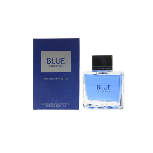 Perfumes Wholesale Antonio Banderas Blue Seduction Men 3.4oz EDT perfume bottle and box, 100ml, blue color.