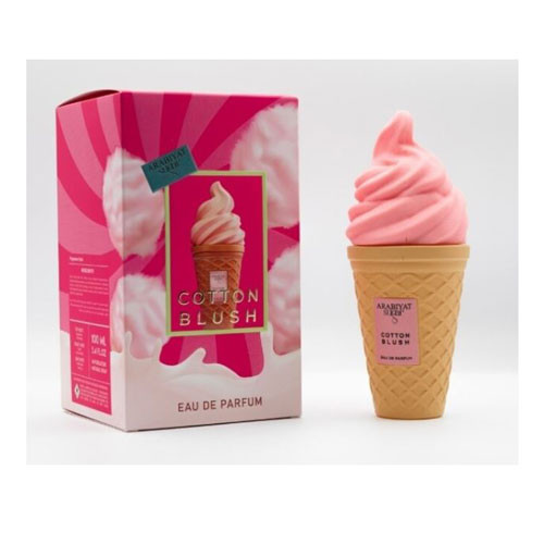 Perfumes Wholesale Arabiyat Sugar Cotton Blush perfume 3.4oz EDP, pink cotton candy scent in ice cream cone bottle.
