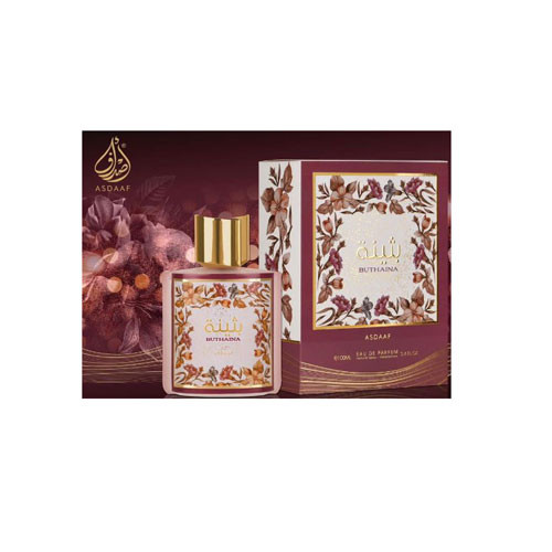 Perfumes Wholesale ASDAAF Buthaina Man 3.4 oz EDP perfume bottle and packaging with gold accents and floral design.
