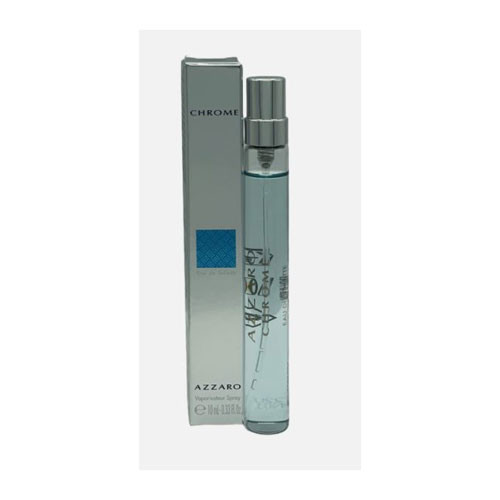 Perfumes Wholesale Azzaro Chrome Men 10ml EDT perfume bottle and box, silver and blue packaging, 1857 brand.