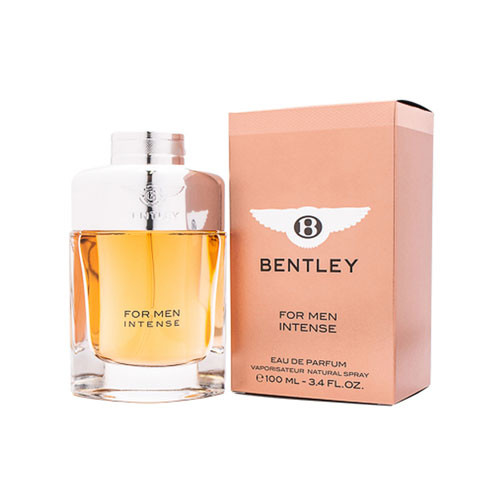 Perfumes Wholesale Bentley For Men Intense EDP 3.4oz 100ml perfume bottle and box, yellow liquid, silver cap.